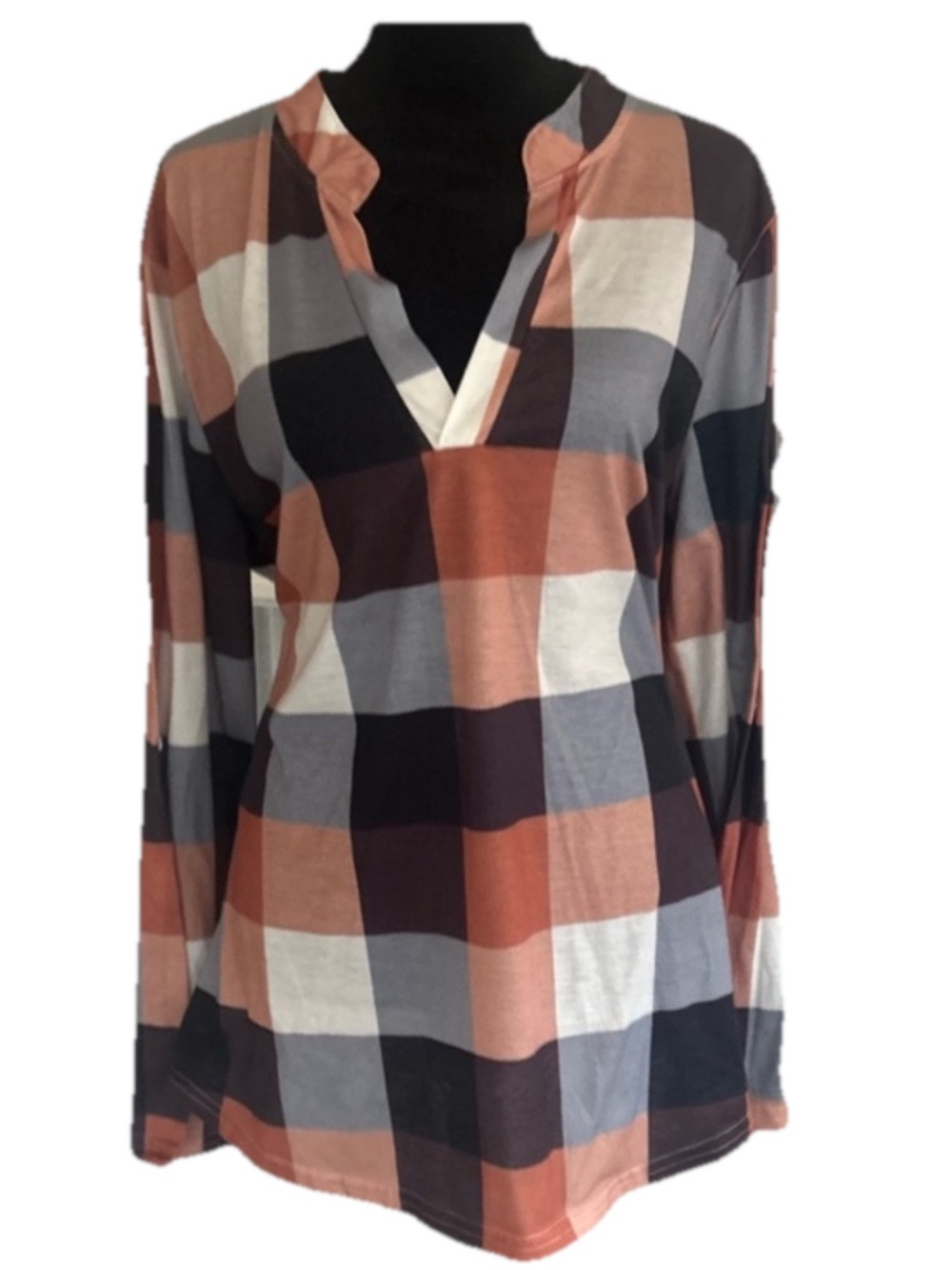 Plaid V-Neck Long Sleeve Tunic Top Orange Navy White Gray, Size 3XL